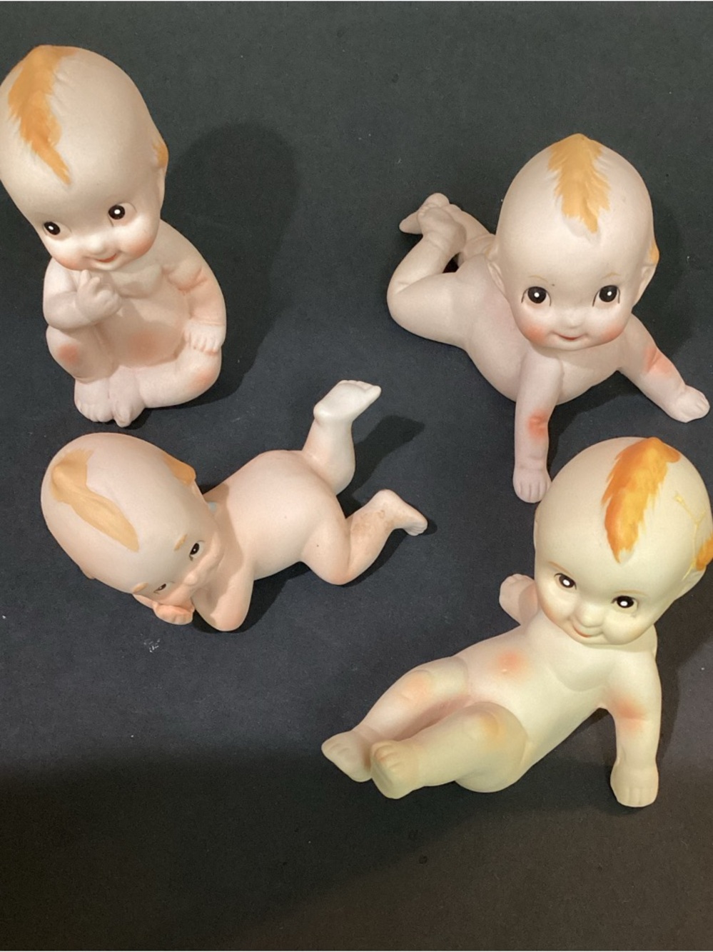4 Lefton BISQUE KEWPIE DOLLS / Hand-Painted PORCELAIN Blue wings 4.4” to 3.5”